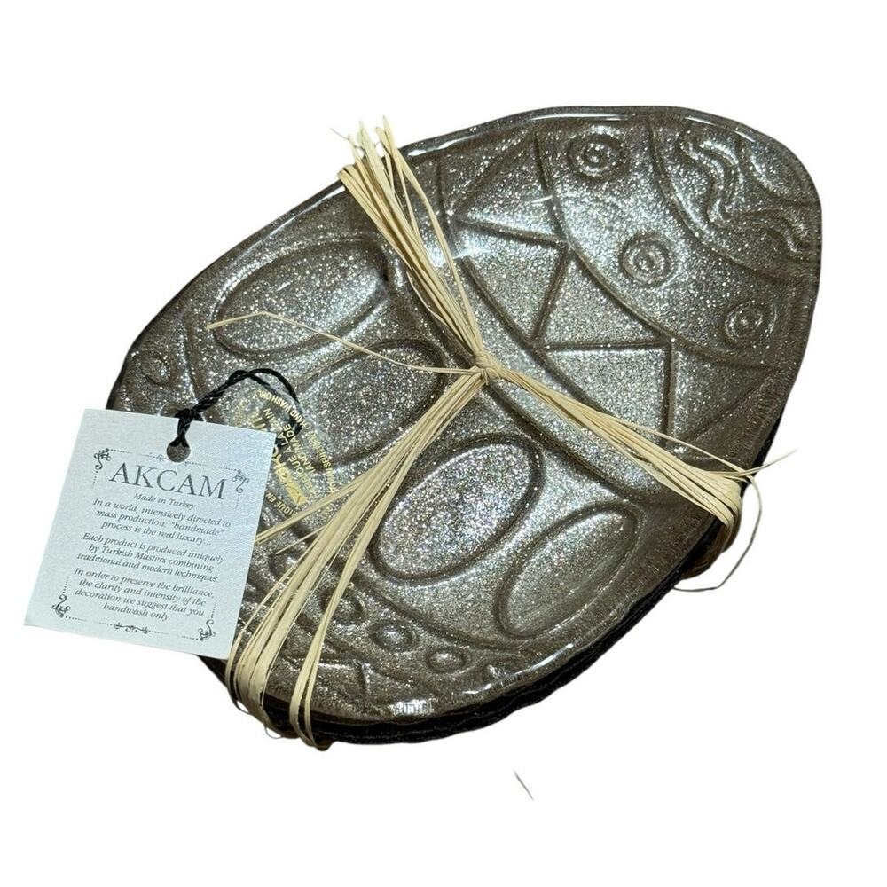 AKCAM‎ Turkish 6" Plates Metallic Sparkle Glitter Glass Tapa Set of 4 Easter Egg